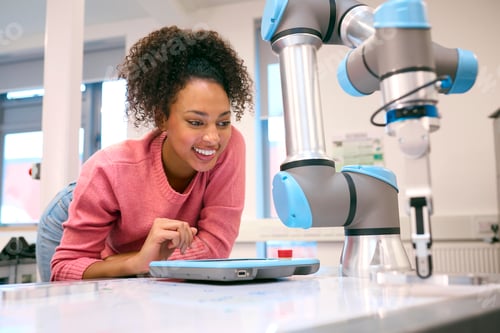 Preview: Female College Or University Engineering Student In Robotics Class Working On Robotic Arm