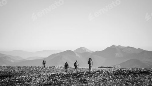 Preview: Four young athletic people walking on the rocky mountain plato
