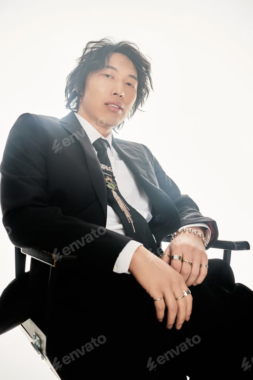 Preview: Stylish young man exuding modern charm in a trendy urban setting under soft lighting