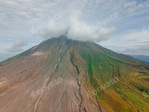 Preview: Aerial drone view of Mount Sinabung at Berastagi in North Sumatra, Indonesia.
