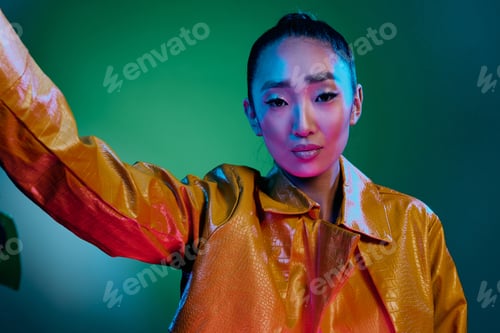 Preview: Trendy woman beauty neon disco model yellow fashion light colorful green