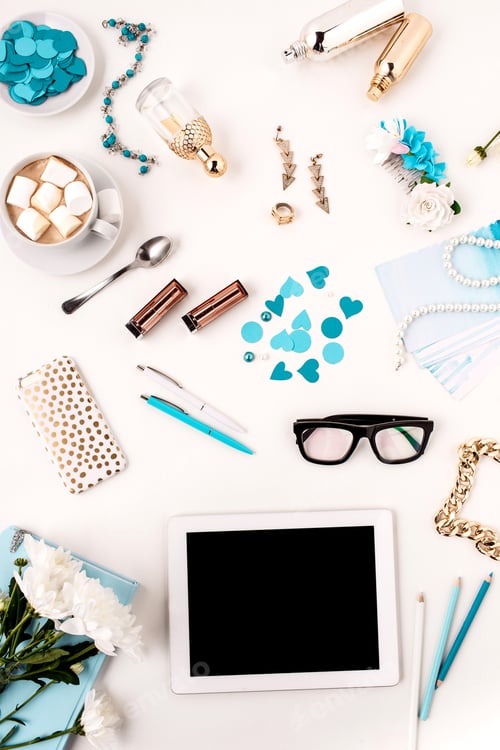 Preview: Still life of fashion woman, blue objects on white