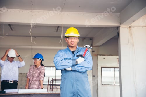Preview: Construction engineer teamwork Safety Suit Trust Team Holding White Yellow Safety hard hat