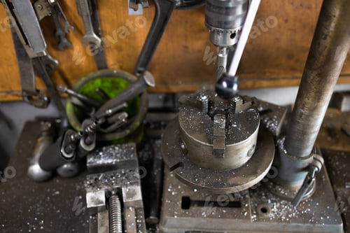 Preview: Steampunk texture, backgroung with mechanical parts. Many Tools on dirty floor, Set Craftsman tool ,