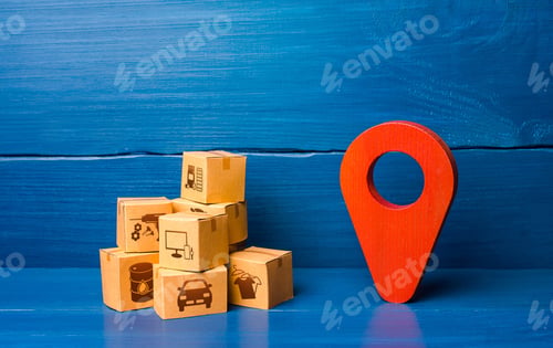 Preview: Red location pointer symbol and cardboard boxes
