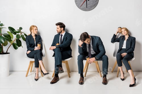 Preview: collage of young business people holding coffee to go and waiting on chairs in line