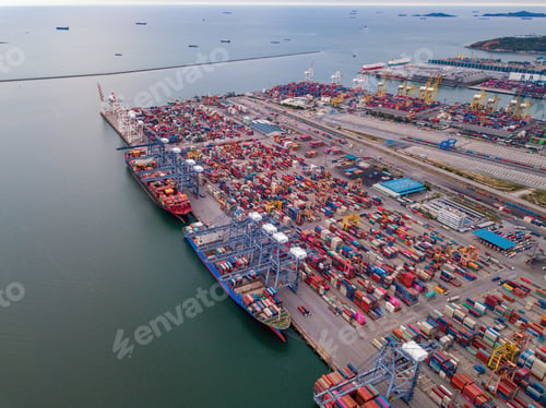 Preview: container cargo ship in the export and import business and logistics. Shipping to the harbor