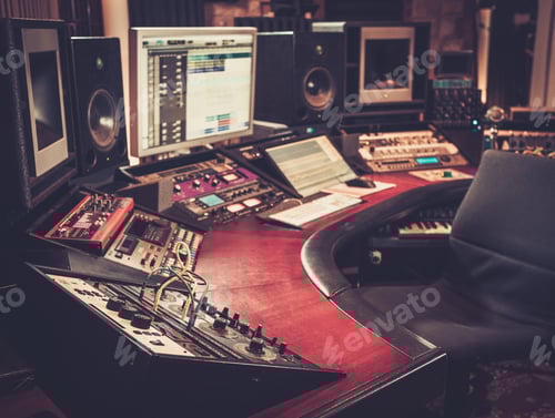 Preview: Close-up of boutique recording studio control desk.