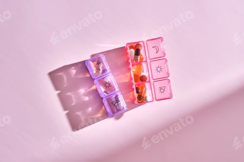 Preview: Bright pill box with different pills and vitamins.