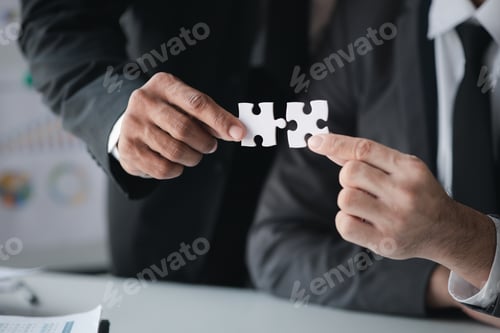 Preview: Group business people holding jigsaw puzzle together, Business man group are meeting together in the