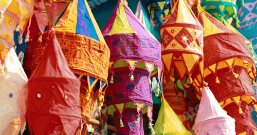 Preview: India. Market With Many Traditional Colorful Handmade Indian Fabric Lanterns. Popular Souvenirs From