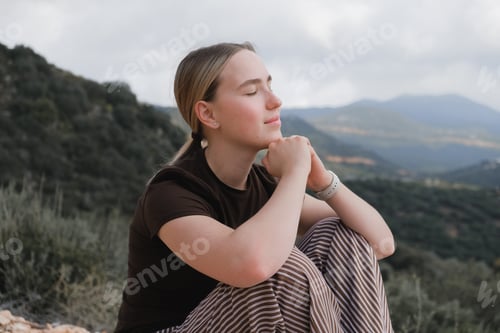 Preview: woman in the mountains, embracing slow living and mindfulness. A moment of balance, self-care,