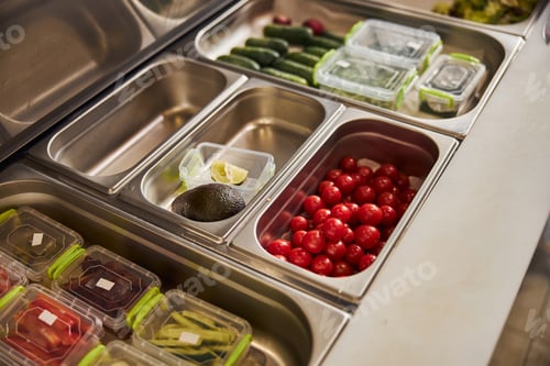 Preview: Containers with delicious fresh ingredients in cafe or pizzeria