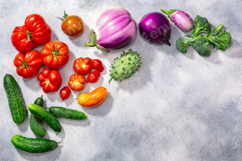 Preview: Fresh select seasonal vegetables atop grey textured backdrop, top view, copy space