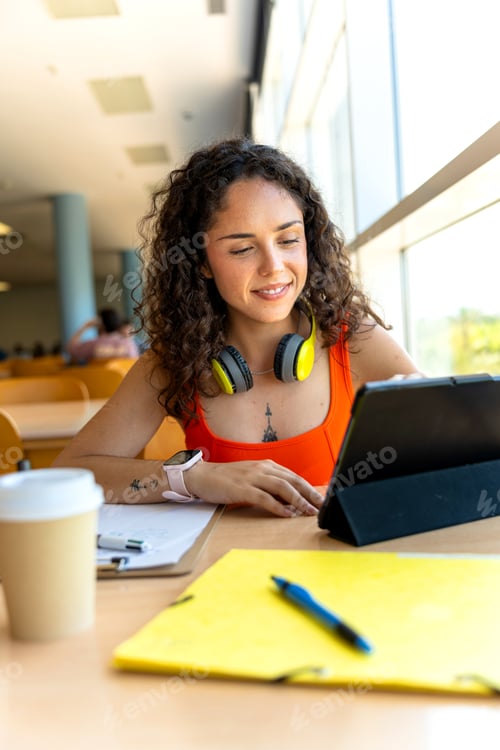 Preview: University student studying with a tablet in the faculty library