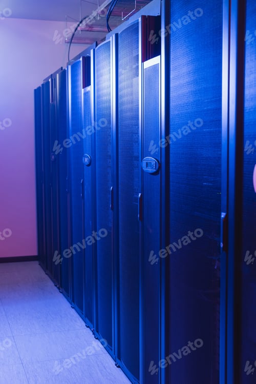 Preview: data center with neon light and closed servers, cyber security concept