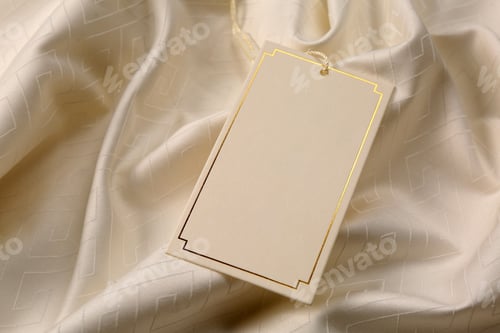 Preview: Blank tag on beige fabric, above view. Space for text