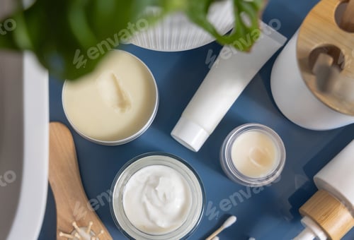 Preview: Opened cream jars and tubes near personal care products on blue top view, cosmetic mockup
