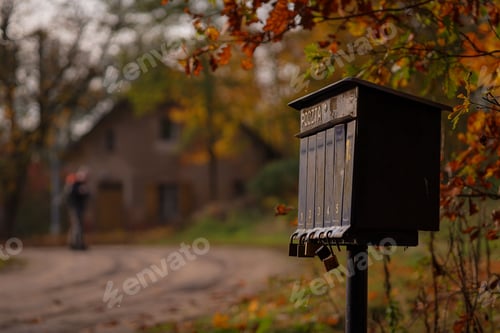 Preview: Metal mailbox stands outdoors on the background of lush autumnal foliage