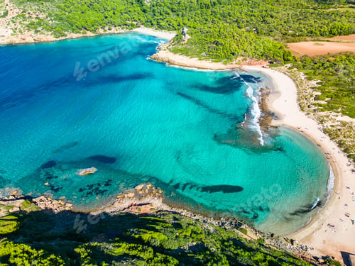 Preview: Aerial drone view of Menorca beach at cala de Algariens, Spain
