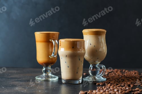 Preview: Dalgona Coffee Trend Ice Drink Cappuccino Or Latte Fluffy Creamy Whipped Menu Concept Healthy