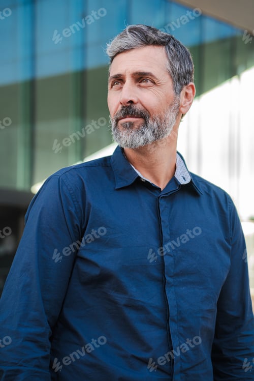 Preview: Vertical. Confident mature man with gray beard gazing thoughtfully into the distance, wearing a navy