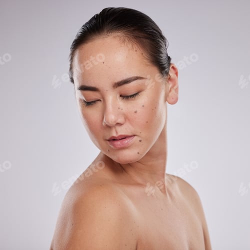 Preview: Skincare, beauty and woman in studio for cosmetics, dermatology and skin glow. Aesthetic asian mode