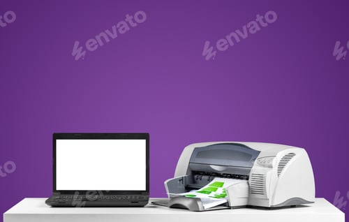 Preview: Printer and computer. Office table