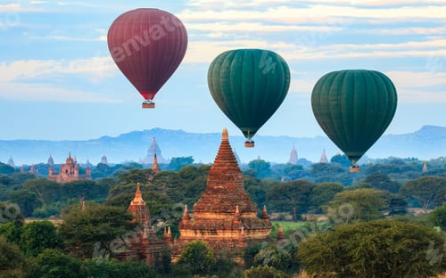 Preview: Balloon over plain of Bagan in misty morning, Myanmar