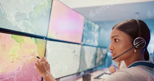 Preview: Computer, screen or woman with headset in control room for weather pattern, satellite maps or storm