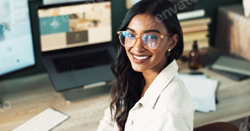 Preview: Woman, glasses and deadline of business, portrait and smile for story, journalist and computer on d