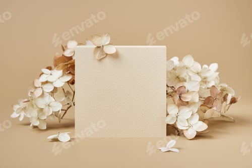 Preview: Square and dried flowers on beige background. Stylish frame for congratulations and presentation