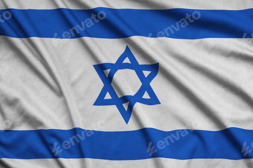 Preview: Israel flag is depicted on a sports cloth fabric with many folds. Sport team waving banner