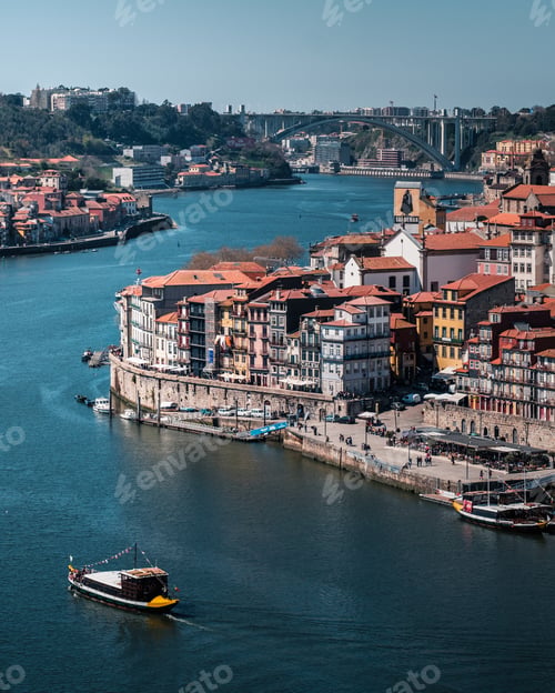 Preview: High angle shot of Oporto by the river in Portugal