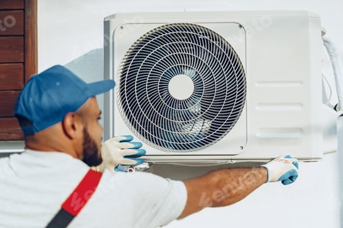 Preview: Repairman in uniform installing the outside unit of air conditioner