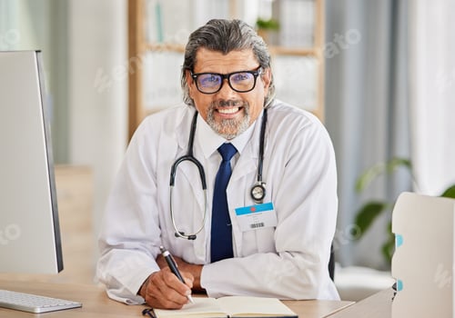Preview: Portrait, man and doctor writing in notebook for healthcare schedule, planning and clinic managemen