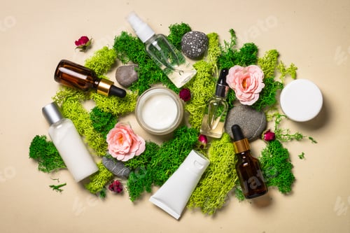 Preview: Natural cosmetic products with plants flowers and moss.