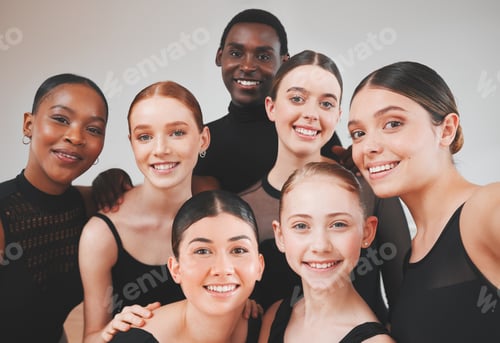 Preview: Come watch us move, gracefully. Shot of a group of ballet dancers standing together.