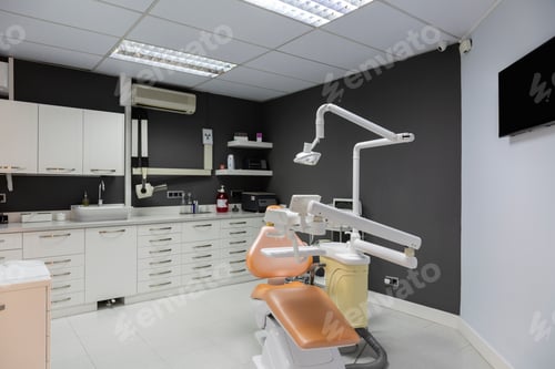 Preview: Interior dental clinic with dark gray wall.