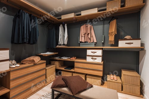 Preview: Modern walk in closet showing organized clothes, shoes, and accessories