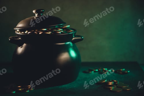 Preview: close-up view of pot full of golden coins, saint patricks day concept