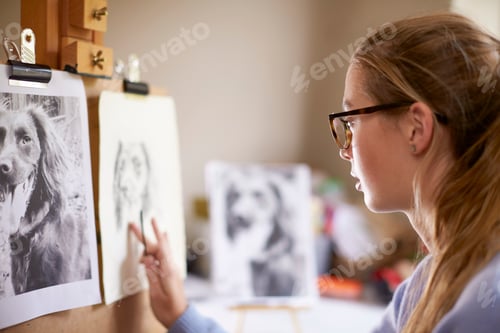 Preview: Side View Of Female Teenage Artist Sitting At Easel Drawing Picture Of Dog In Charcoal