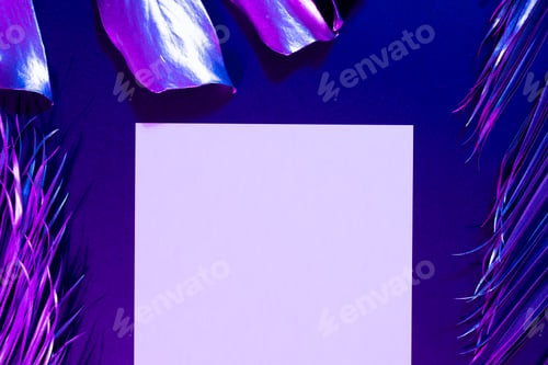 Preview: Image of vibrant neon lit purple leaves over purple background and paper with copy space