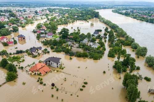 Preview: Aerial view of flooded houses with dirty water of Dnister river in Halych