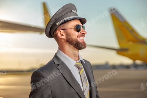 Preview: Cheerful aircraft pilot standing outdoors at airport