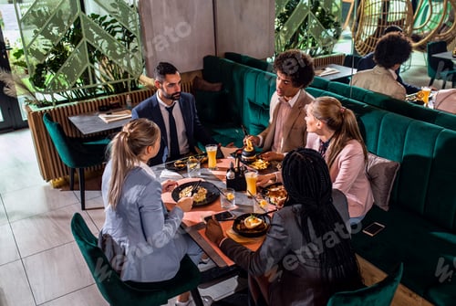 Preview: Group of business people in restaurant at lunch.