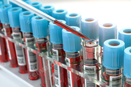 Preview: Blood test samples tubes and blood test pipette adding fluid to one of tubes in medical laboratory.