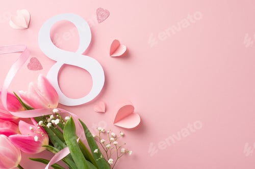Preview: Women's Day theme: Overhead shot featuring a card with the number 8, a lush bunch of tulips