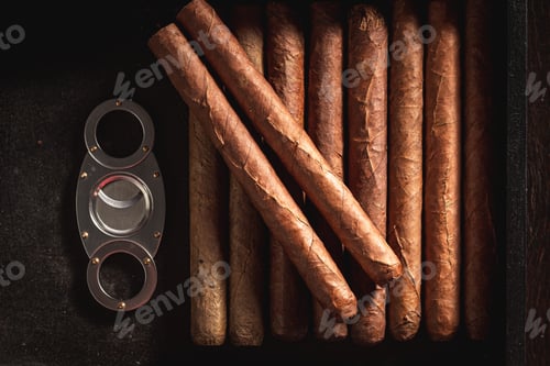 Preview: Top view of cigars with metal cutter in humidor