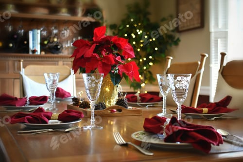 Preview: Dining room table set for a holiday meal with dishes, glasses, red napkins & centerpiece poinsettia